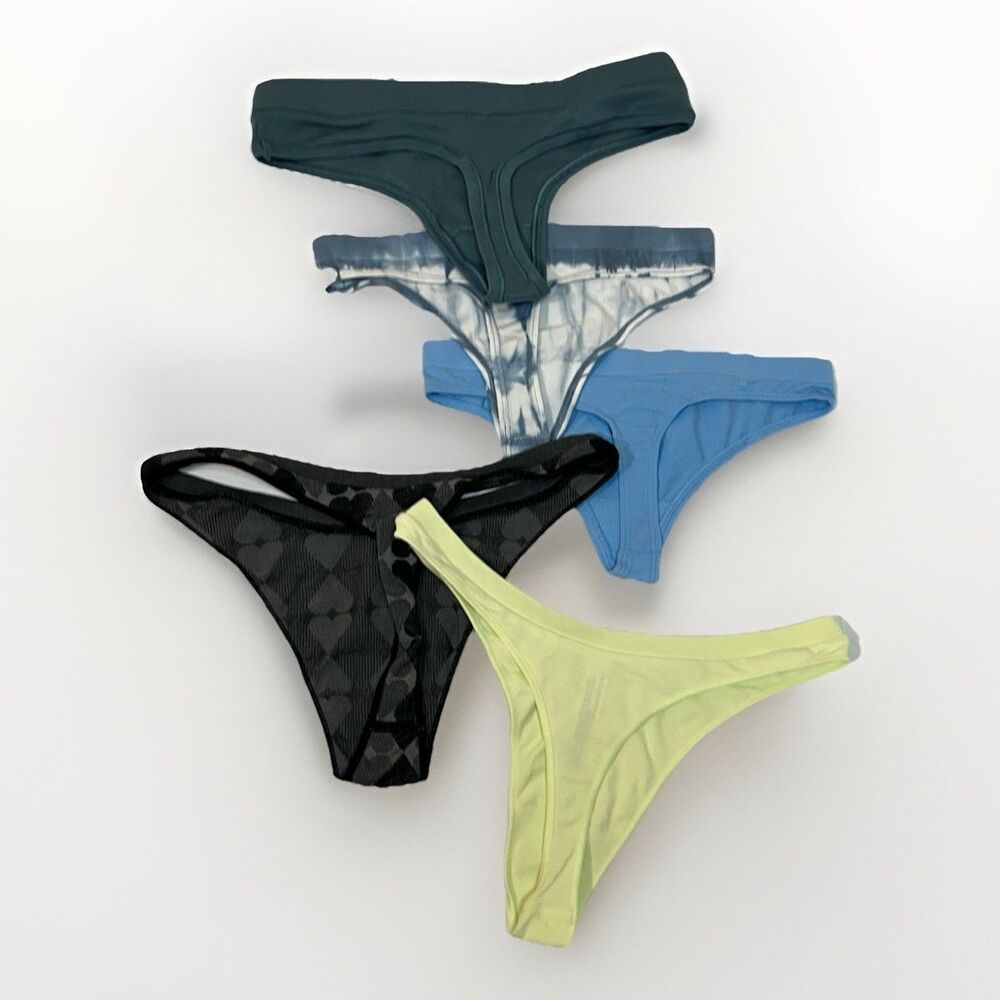 Victoria's Secret Thong Underwear Panties Size XS Lot Of 5 Black Blue Yellow